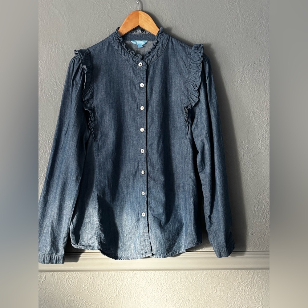 Draper James | Chambray Denim Button-Up w/ Ruffle Detail | Large